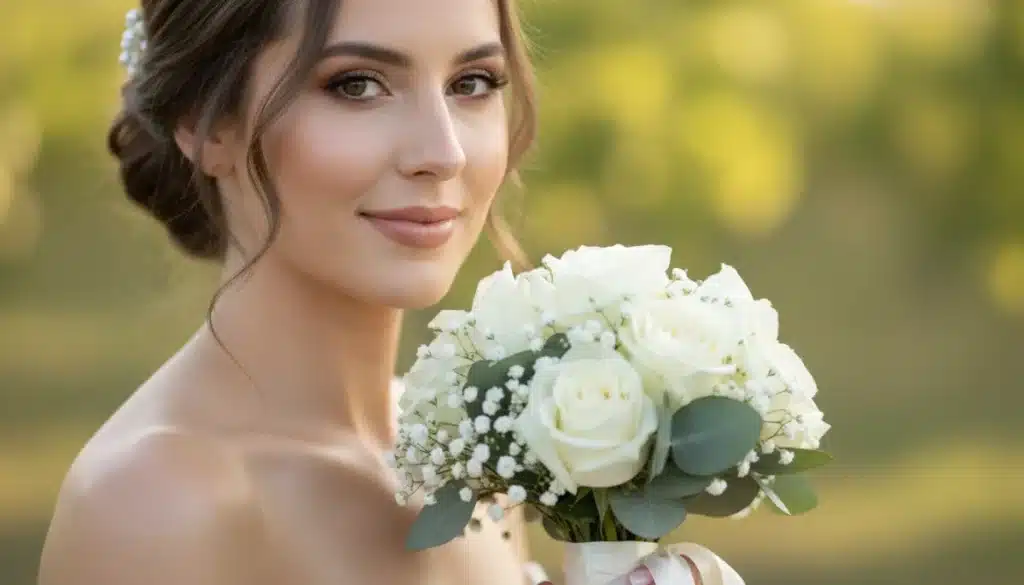 Radiant bride with natural, timeless makeup for 2026 US wedding