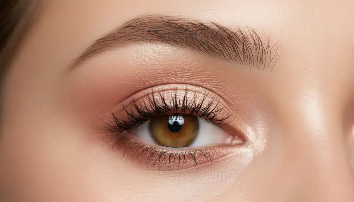 Close-up of a model's eye with soft focus aura eyeshadow, showcasing a dreamy, blended look.