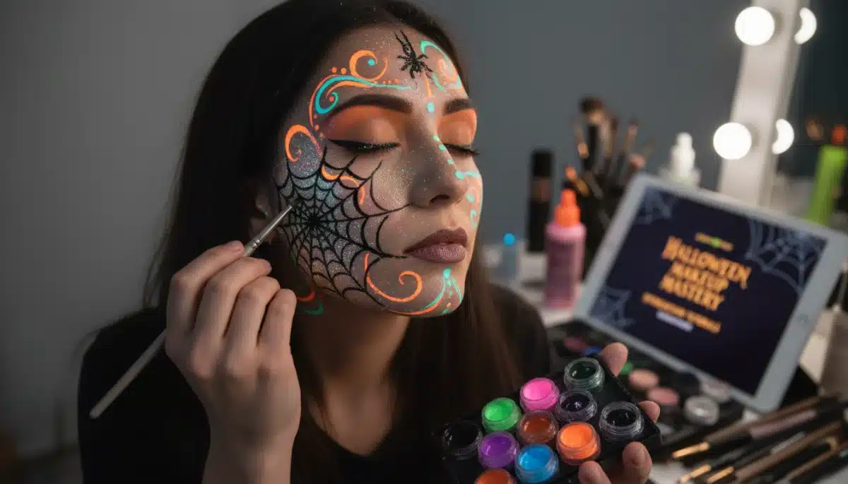 Applying intricate spiderweb Halloween makeup with fine brush and glow-in-the-dark effects.
