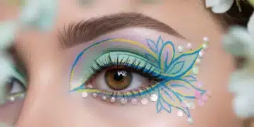 Model showcasing a vibrant graphic eyeliner and pastel eyeshadow for Spring 2026 eye makeup trends.