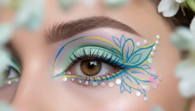 Model showcasing a vibrant graphic eyeliner and pastel eyeshadow for Spring 2026 eye makeup trends.