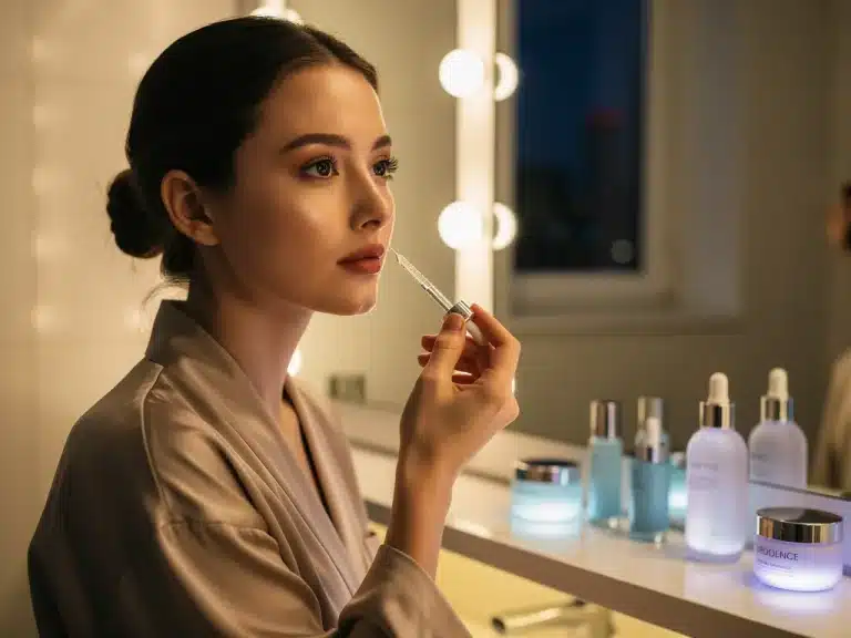 Woman applying serum for brighter skin as part of evening routine