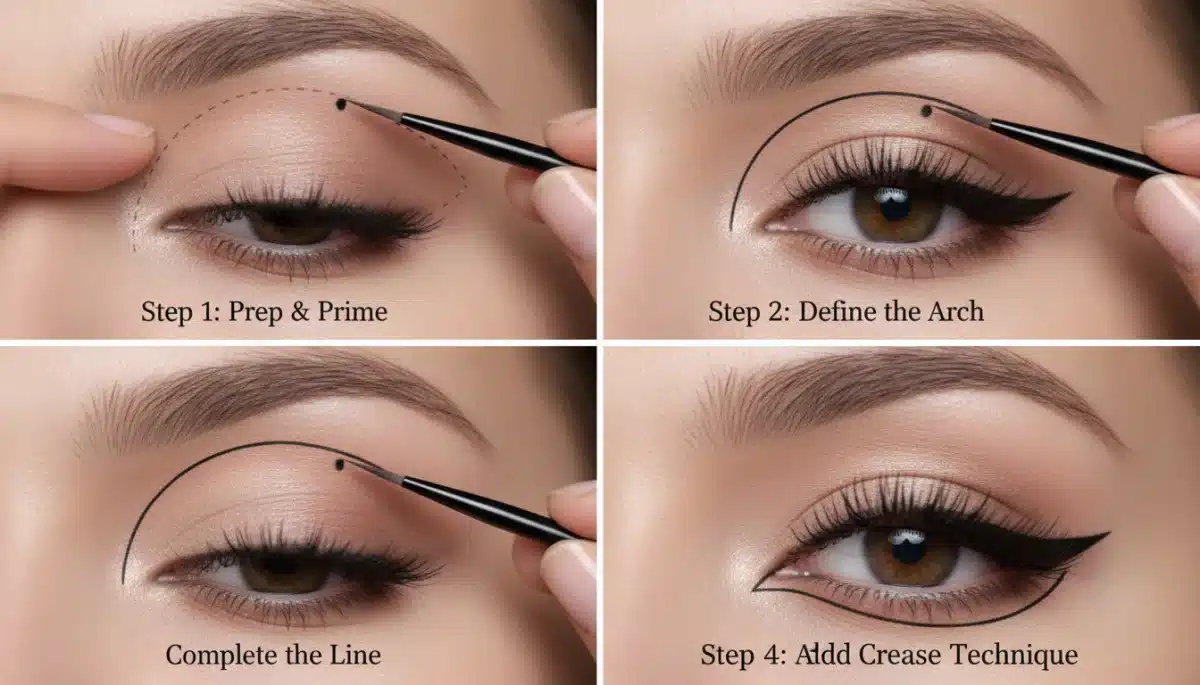 Step-by-step guide for floating crease eyeliner, demonstrating precision application with an ultra-fine brush.