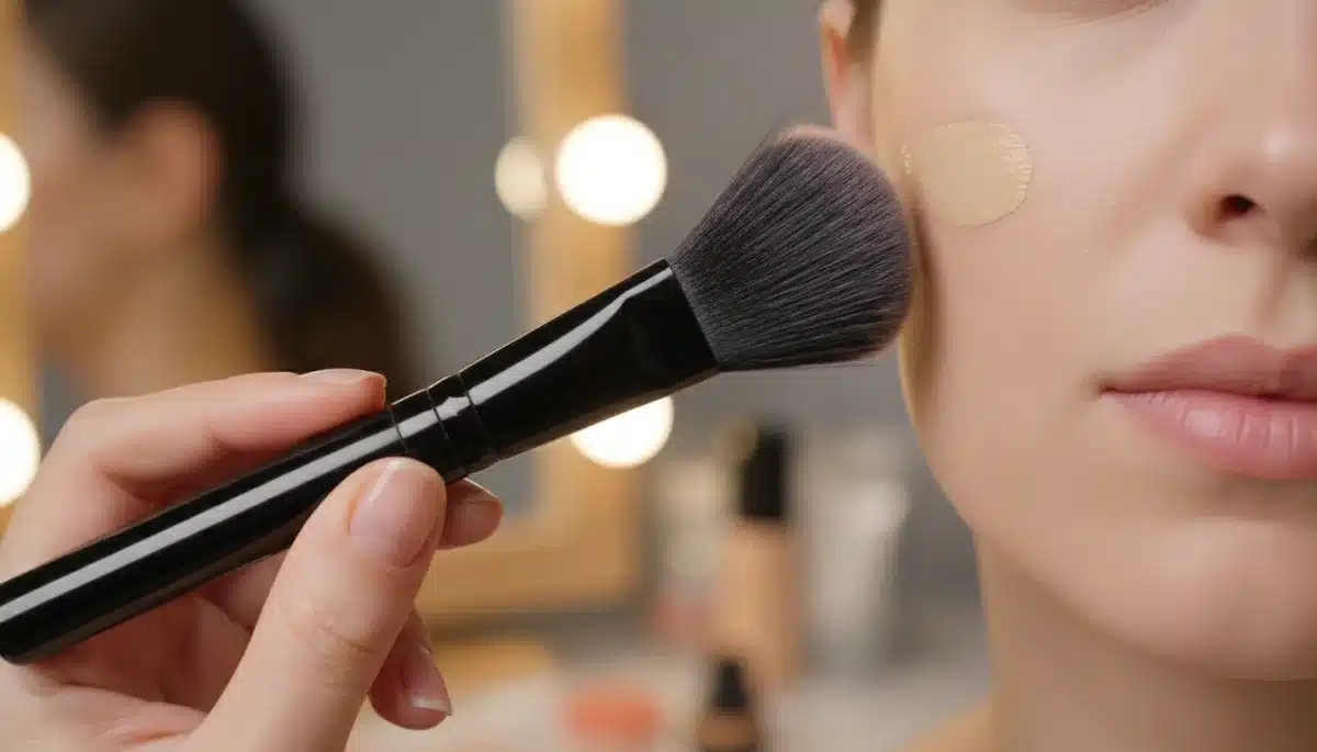 Applying foundation with a high-quality foundation brush for a smooth finish.