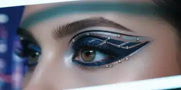 Model with futuristic metallic winged eyeliner, embodying advanced precision techniques for 2026 beauty trends in the US.