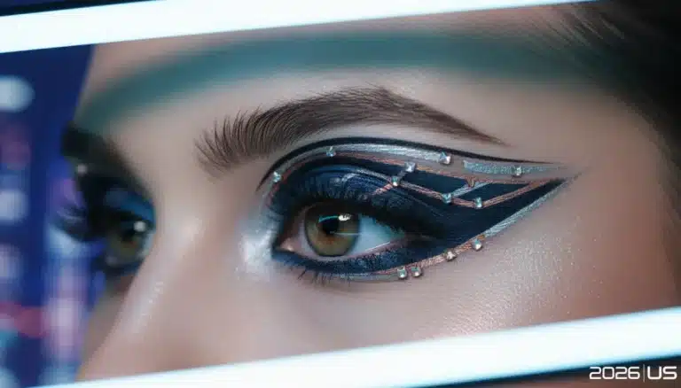 Model with futuristic metallic winged eyeliner, embodying advanced precision techniques for 2026 beauty trends in the US.