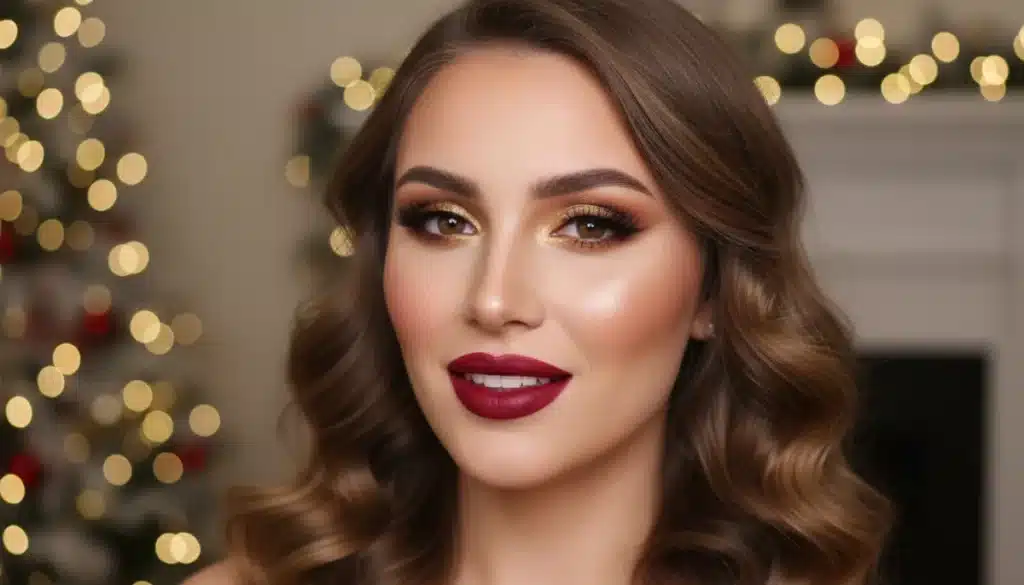 Glamorous holiday makeup look with red lipstick and gold eyeshadow for December 2026 parties.