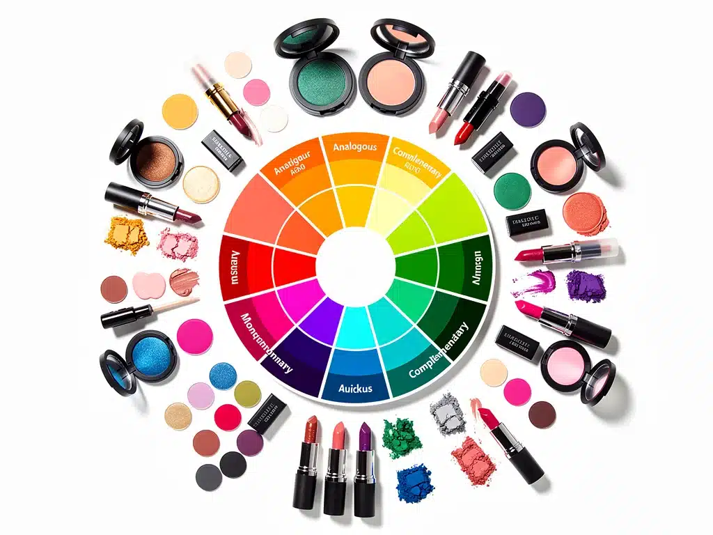 Makeup products arranged around a color wheel, illustrating color theory principles for cosmetic application.