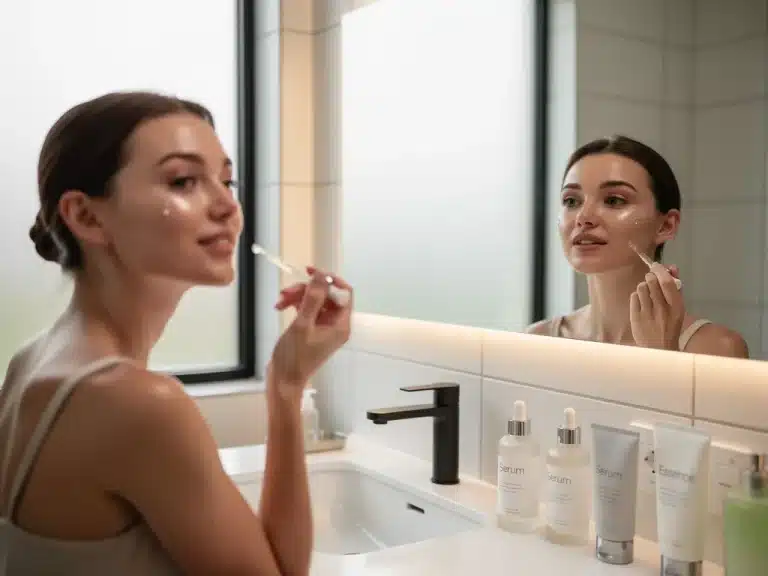Woman applying serum for morning skincare routine 2026