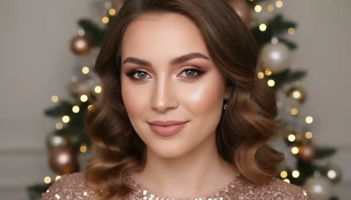Radiant rose gold makeup with glowing skin for a 2026 holiday party.