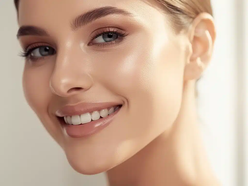 Radiant woman showcasing healthy, glowing skin after following an advanced skincare regimen.