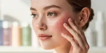 Woman with sensitive skin gently touching her cheek, emphasizing gentle skincare.
