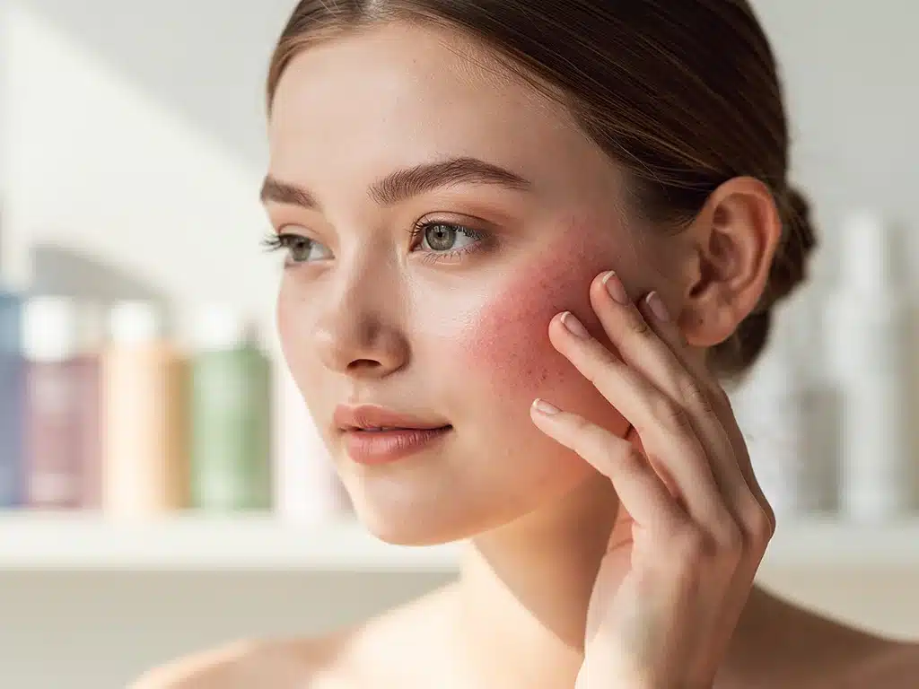 Woman with sensitive skin gently touching her cheek, emphasizing gentle skincare.
