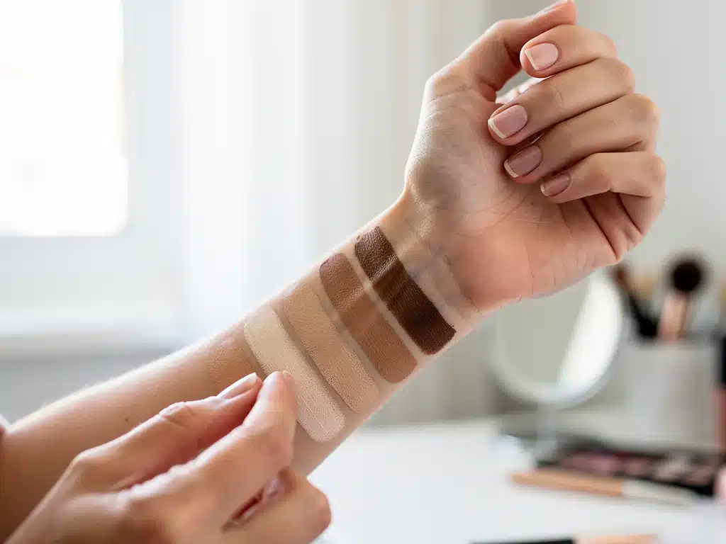 Close-up of a wrist showing veins and foundation swatches, aiding in undertone identification for makeup shade selection.