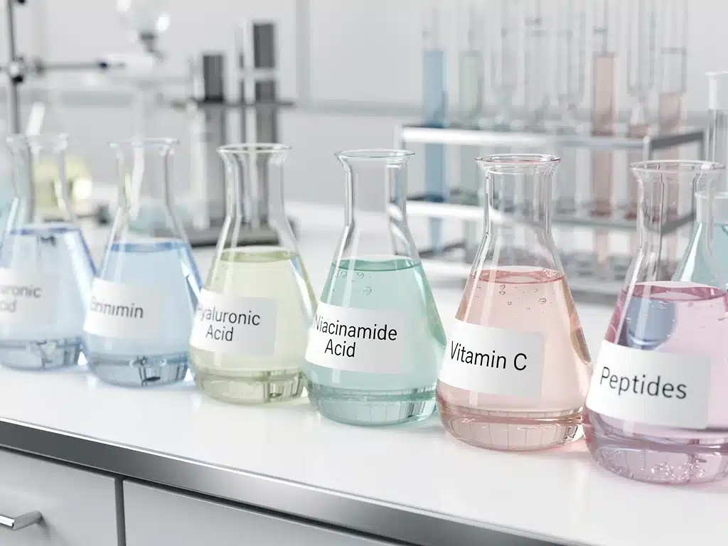 Laboratory setting with chemical compounds, symbolizing ingredient analysis.