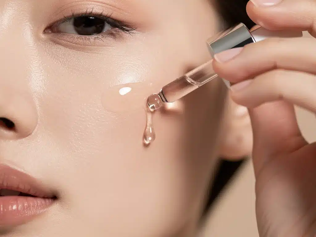 Close-up of serum application, demonstrating a key step in an advanced skincare routine.