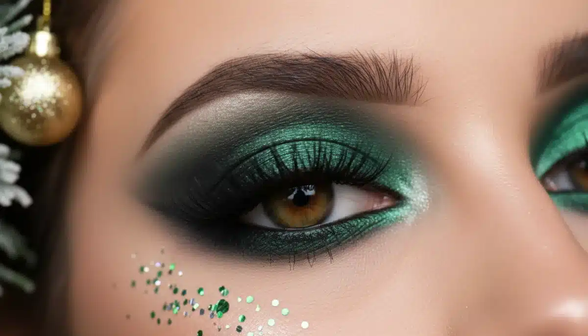 Model's eye with smoky emerald holiday party makeup.