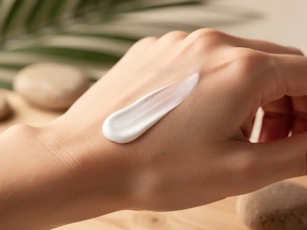 Hand applying fragrance-free cream to sensitive skin for soothing relief.