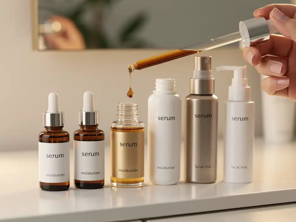 Assortment of advanced hydrating skincare products on vanity