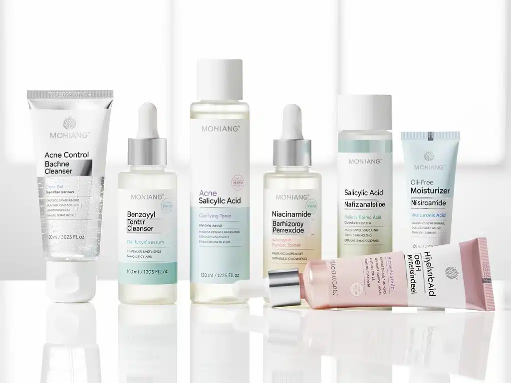 Array of anti-acne skincare products for a comprehensive routine.