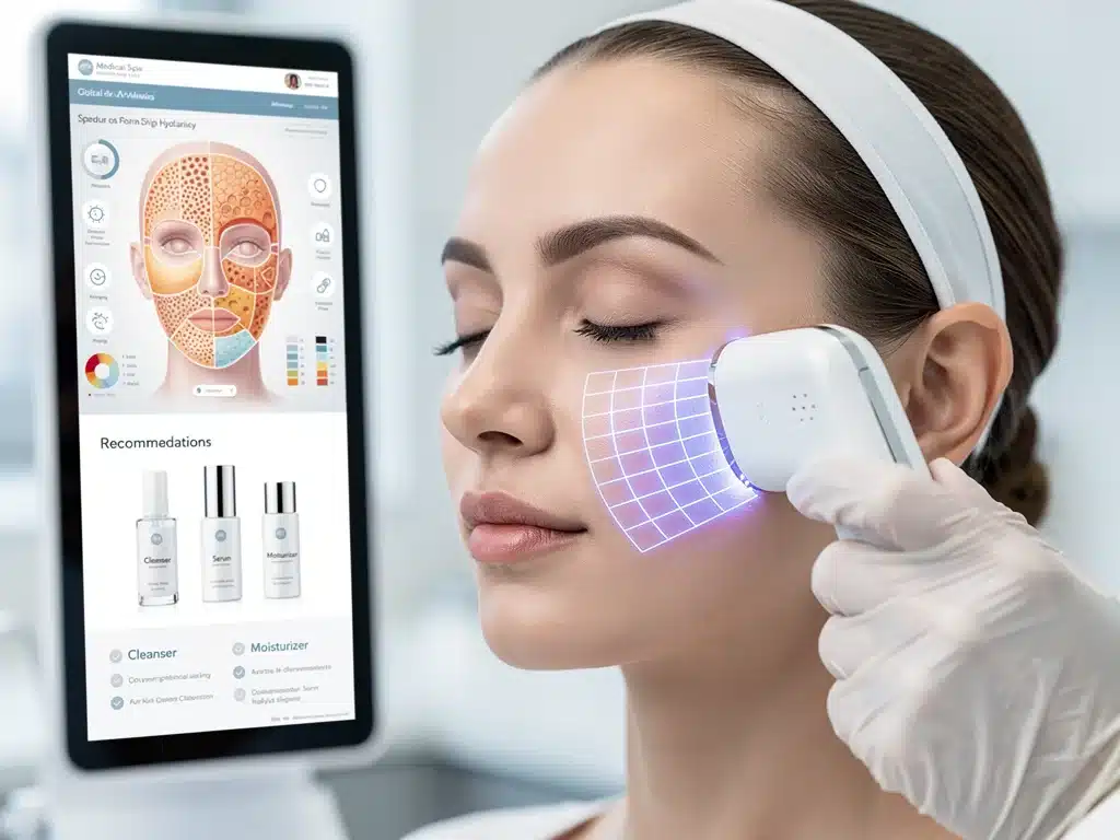 Woman getting digital skin analysis, showcasing advanced tech in personalized skincare.
