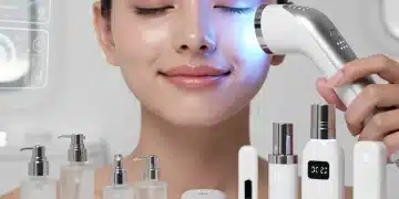 Woman using advanced skincare device for futuristic routine