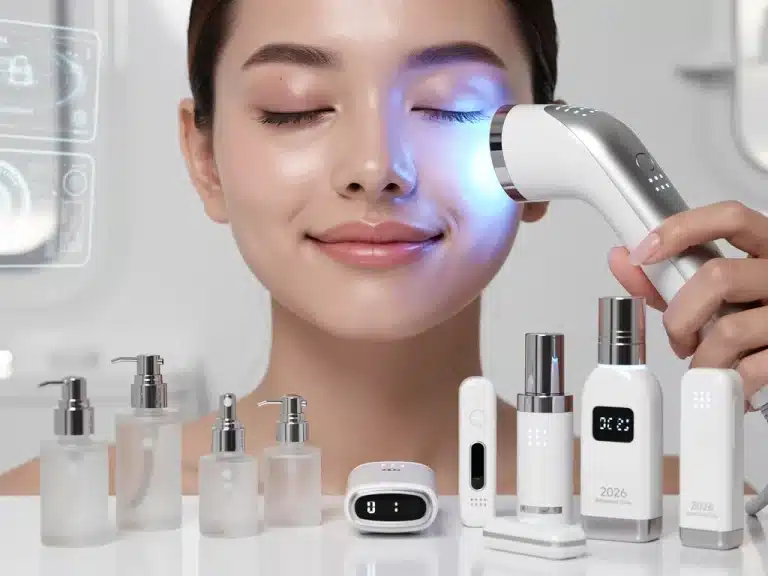 Woman using advanced skincare device for futuristic routine