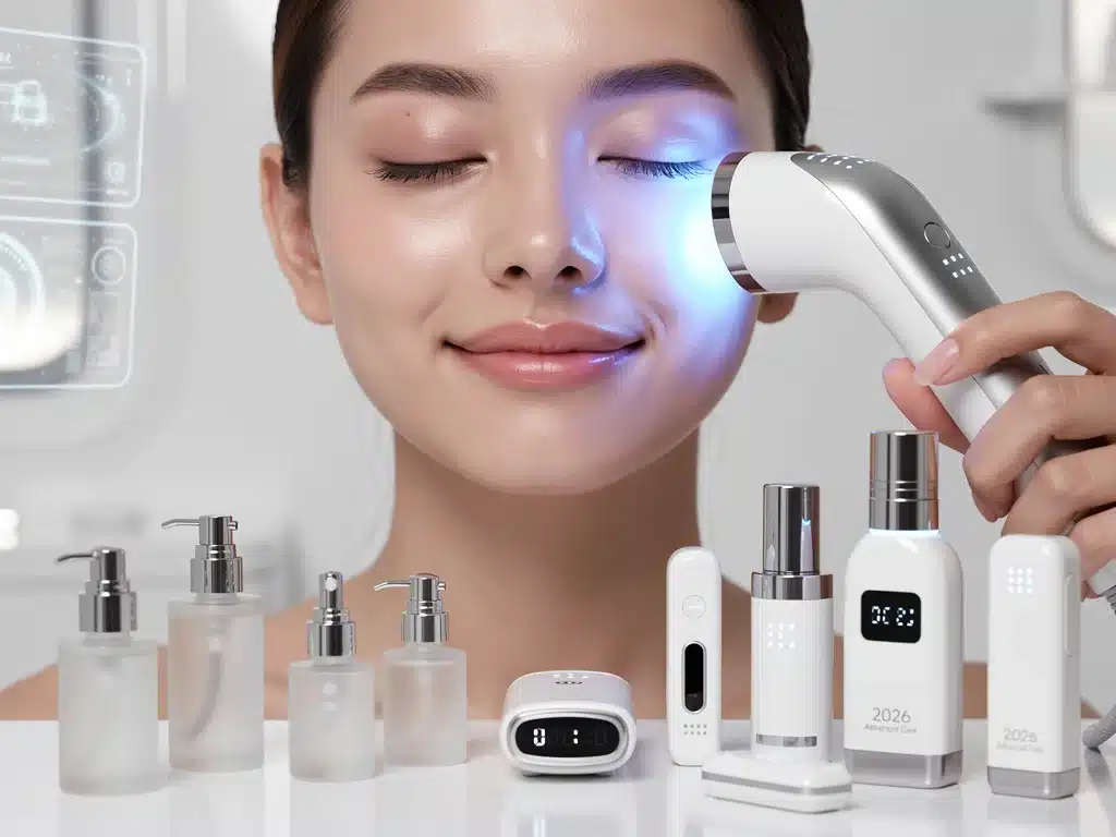 Woman using advanced skincare device for futuristic routine