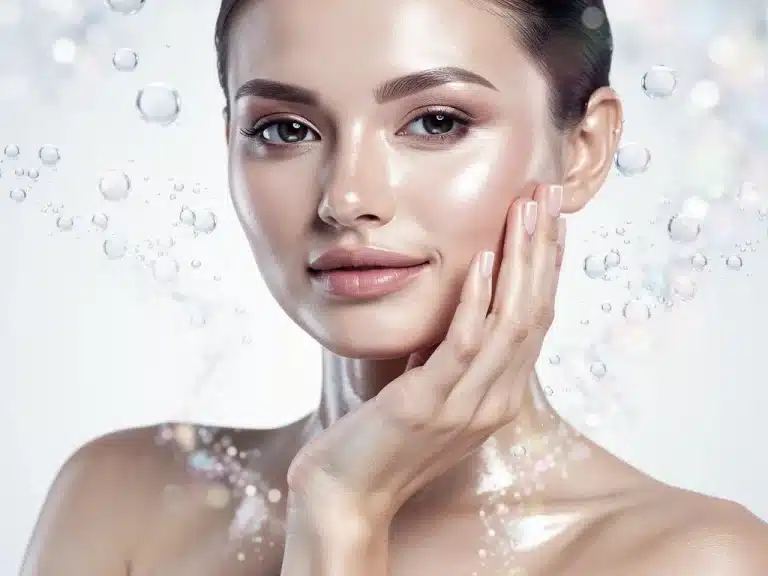 Woman with glowing hydrated skin showcasing effective skincare routine