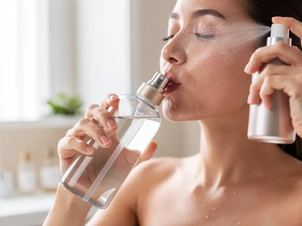 Person drinking water and using facial mist for skin hydration