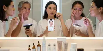 Diverse people personalizing skincare routines in modern setting, representing individual needs and choices.