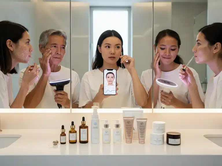 Diverse people personalizing skincare routines in modern setting, representing individual needs and choices.