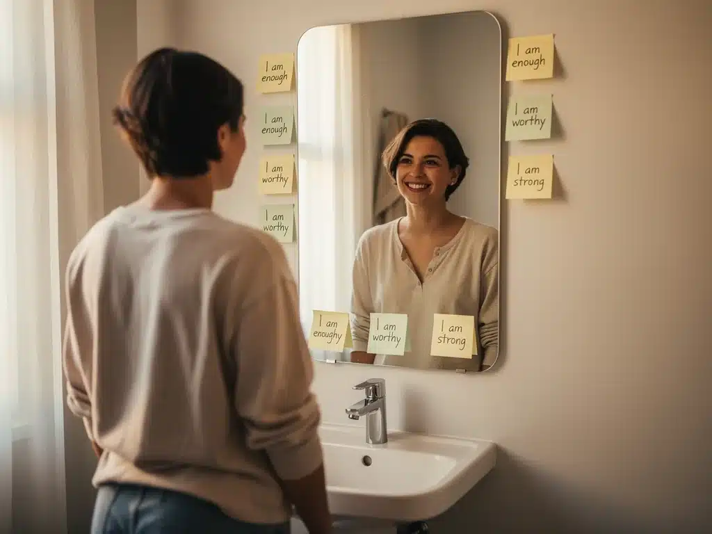 Person smiling at reflection, embodying self-acceptance