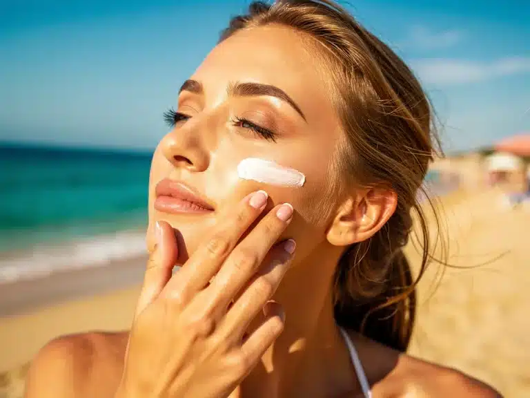 Woman applying sunscreen to face on beach for summer sun protection