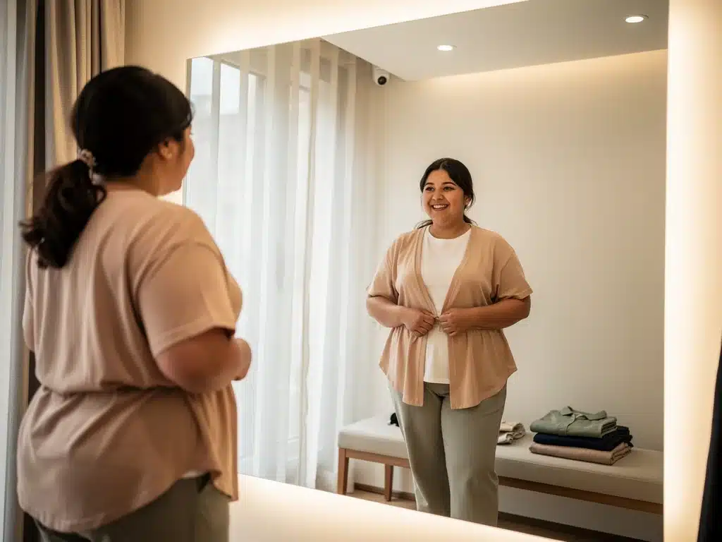 Person confidently trying on well-fitting clothes, embracing natural body shape.