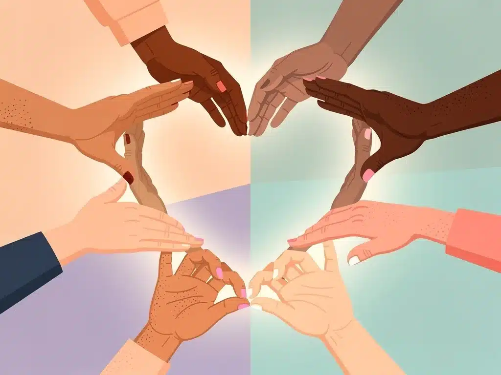 Diverse hands forming a heart, representing body positivity, community, and self-acceptance.