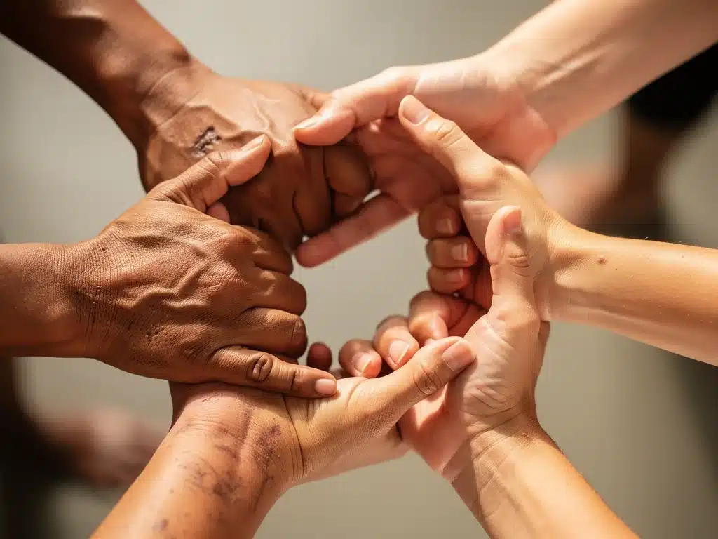 Diverse hands intertwined, representing community and support in body positivity.