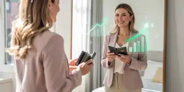 Woman confidently looking in mirror, wallet in hand, symbolizing financial empowerment and body positivity.