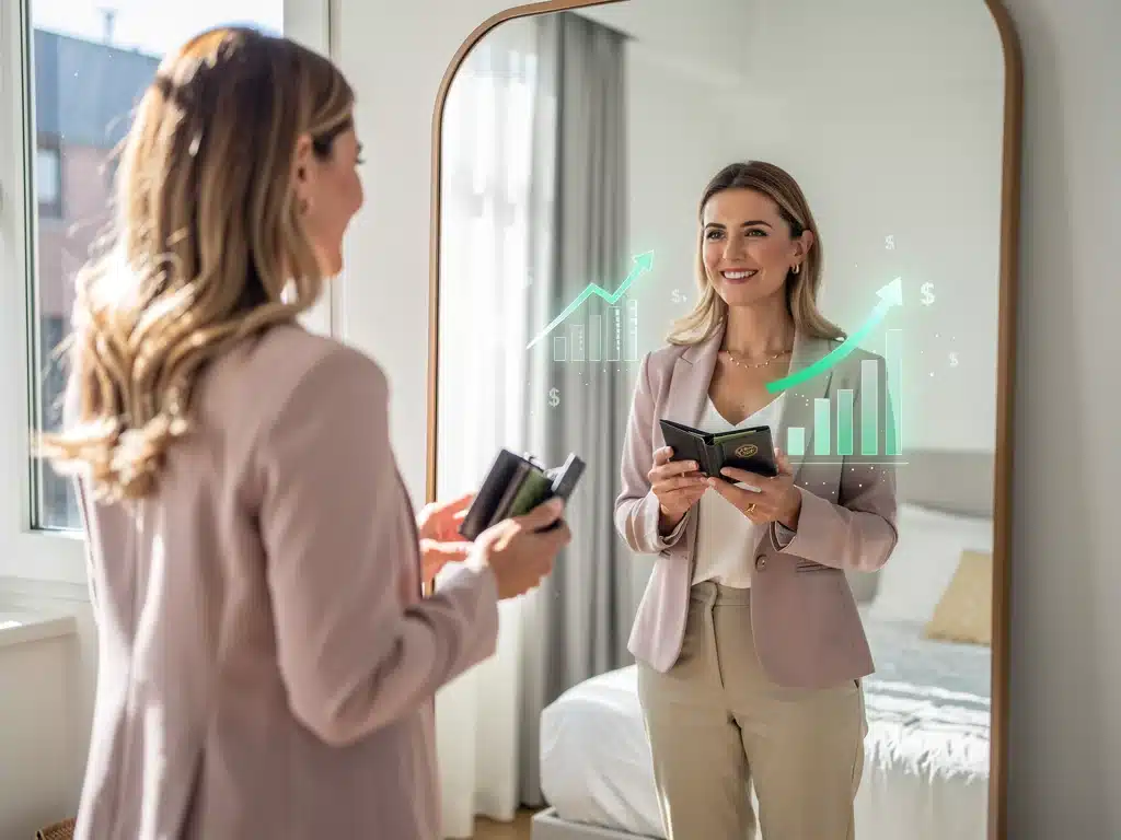 Woman confidently looking in mirror, wallet in hand, symbolizing financial empowerment and body positivity.