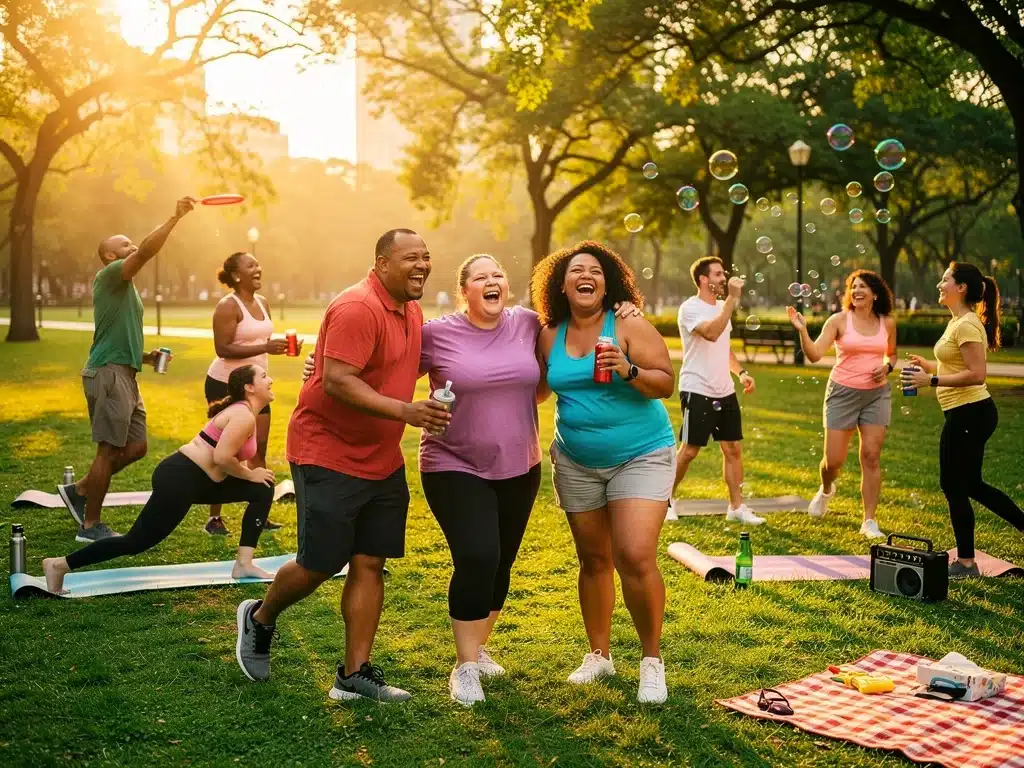 Diverse group embracing body positivity outdoors, symbolizing joy and self-acceptance. Body Positivity Principles.