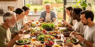 Diverse individuals mindfully eating healthy foods at a table, embodying body positivity and conscious consumption.