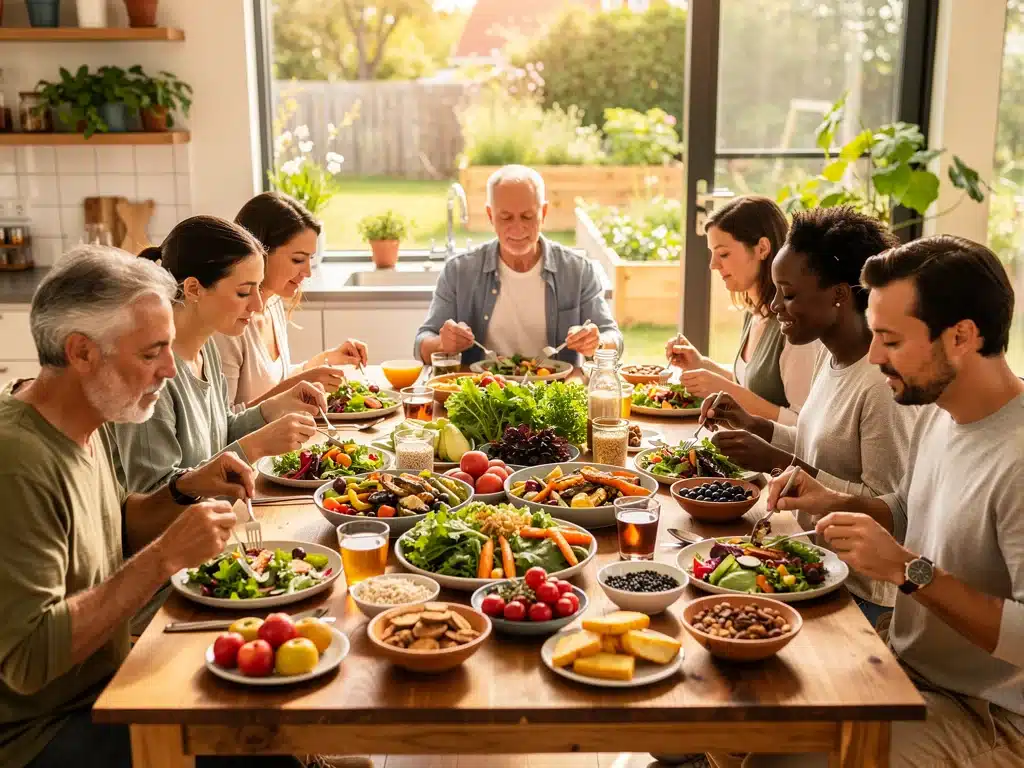 Diverse individuals mindfully eating healthy foods at a table, embodying body positivity and conscious consumption.
