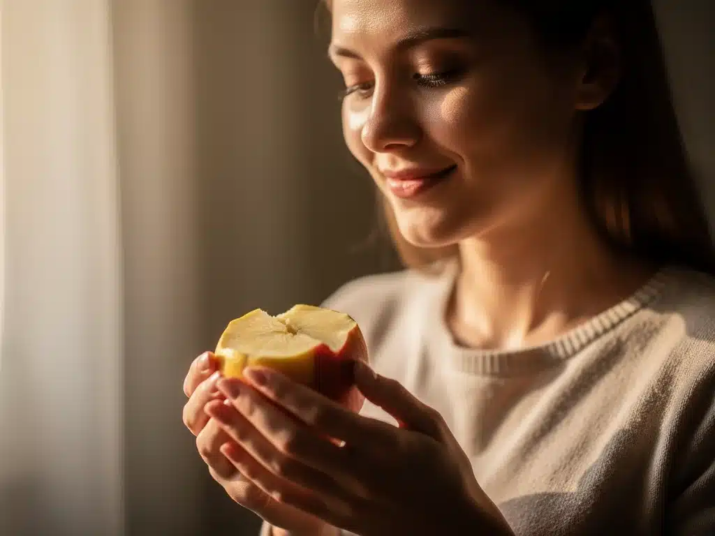 Person mindfully observing a piece of fruit, fostering a healthy relationship with food.