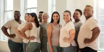 Diverse individuals smiling, embracing positive body image, and reflecting self-acceptance.
