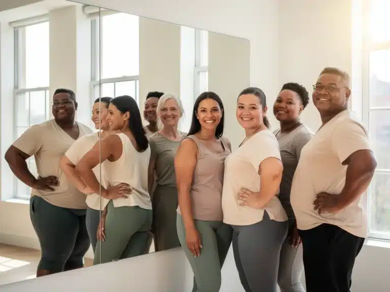 Diverse individuals smiling, embracing positive body image, and reflecting self-acceptance.
