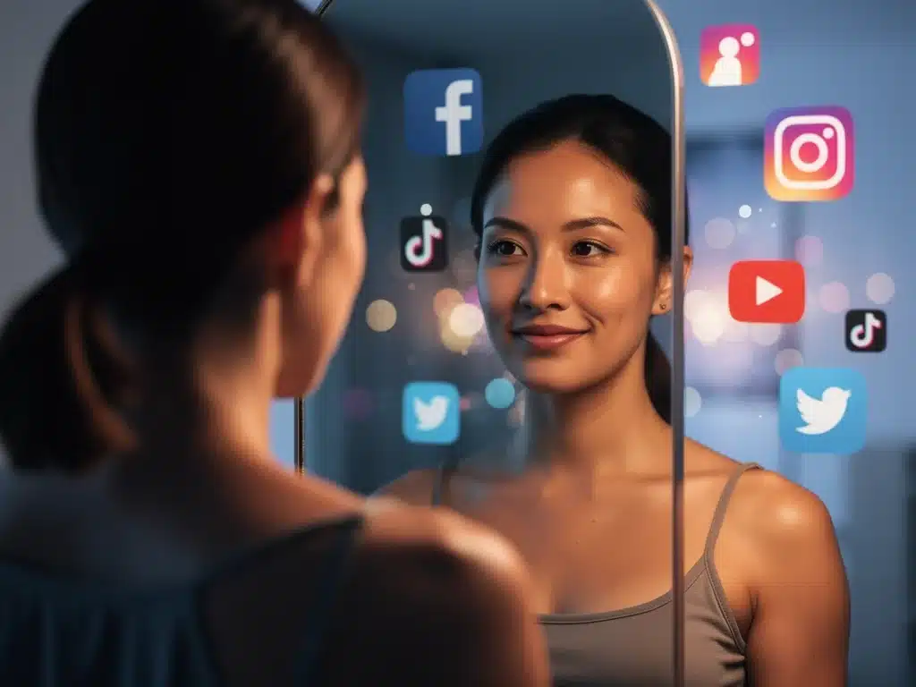 Person looking confidently in mirror, resisting social media pressure