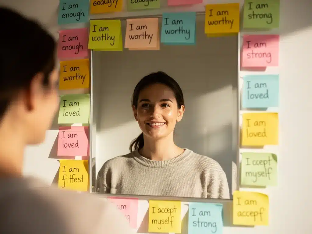 Woman confidently embracing her reflection with positive affirmations