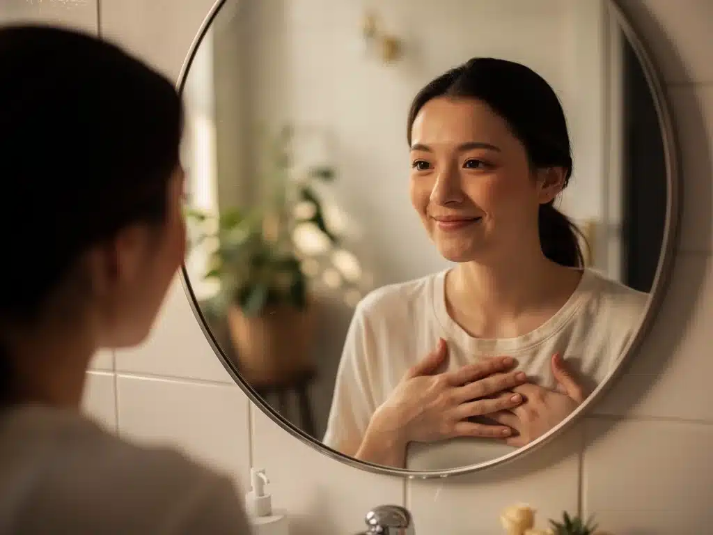 Person smiling at their reflection, embodying self-acceptance and internal validation.