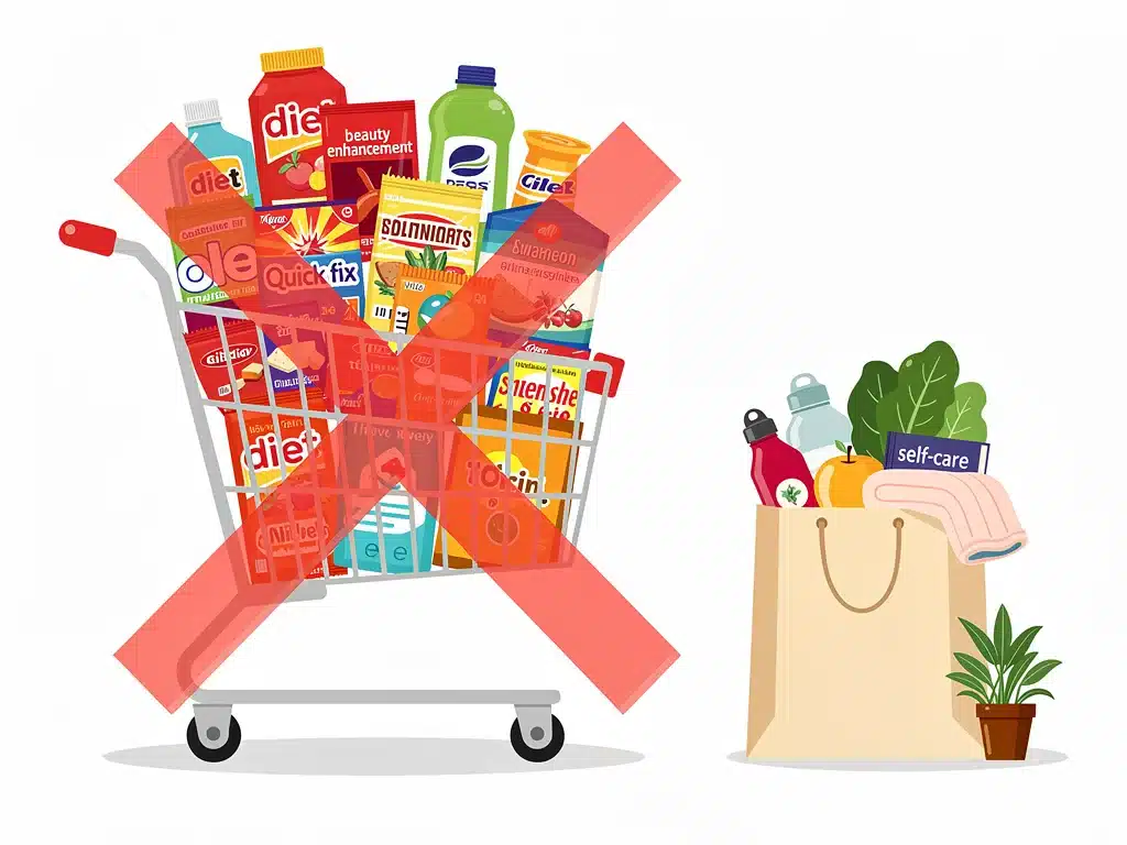 Overstuffed shopping cart with diet and beauty products, contrasted with a mindful shopping bag.