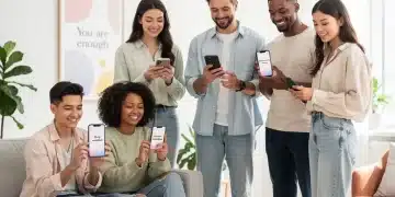 Diverse young adults confidently using social media with positive body image messages